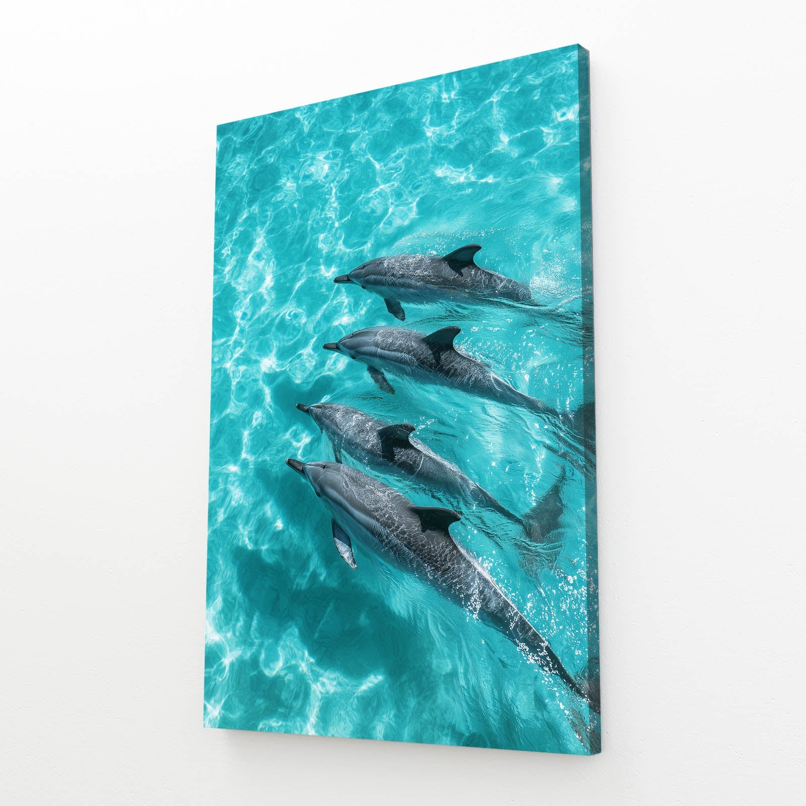 Turquoise Pod Dolphin Print – angled canvas view on white background