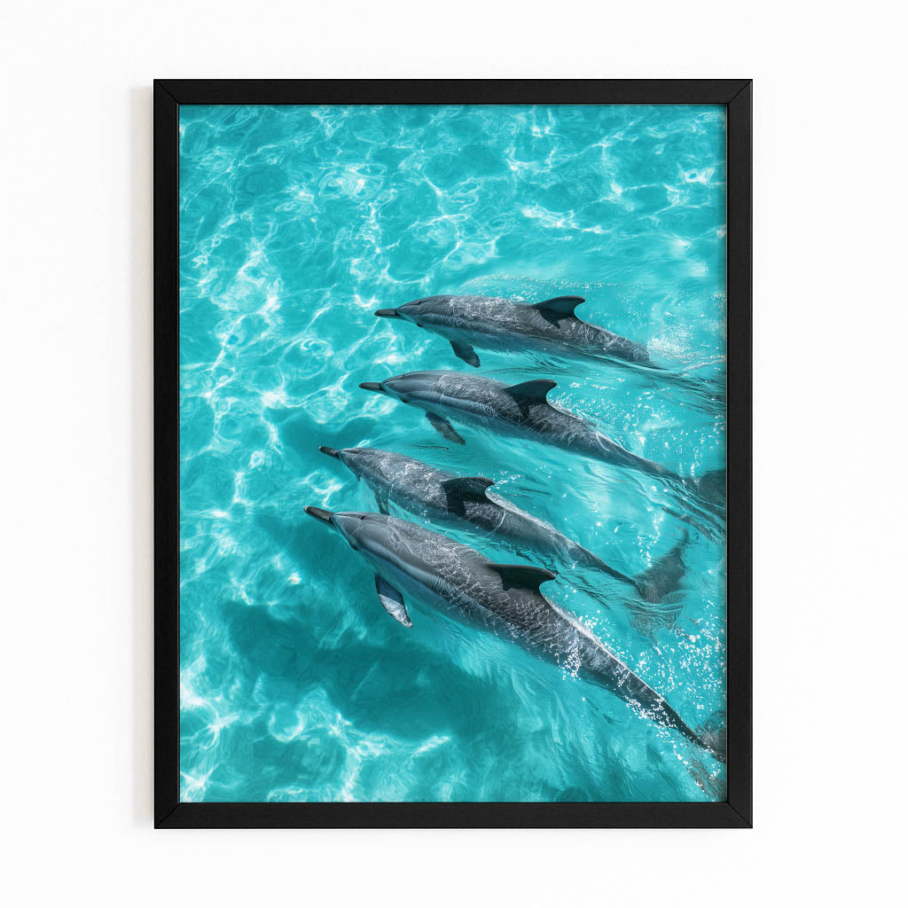 Turquoise Pod Dolphin Print – with Premium Black wood frame on white background