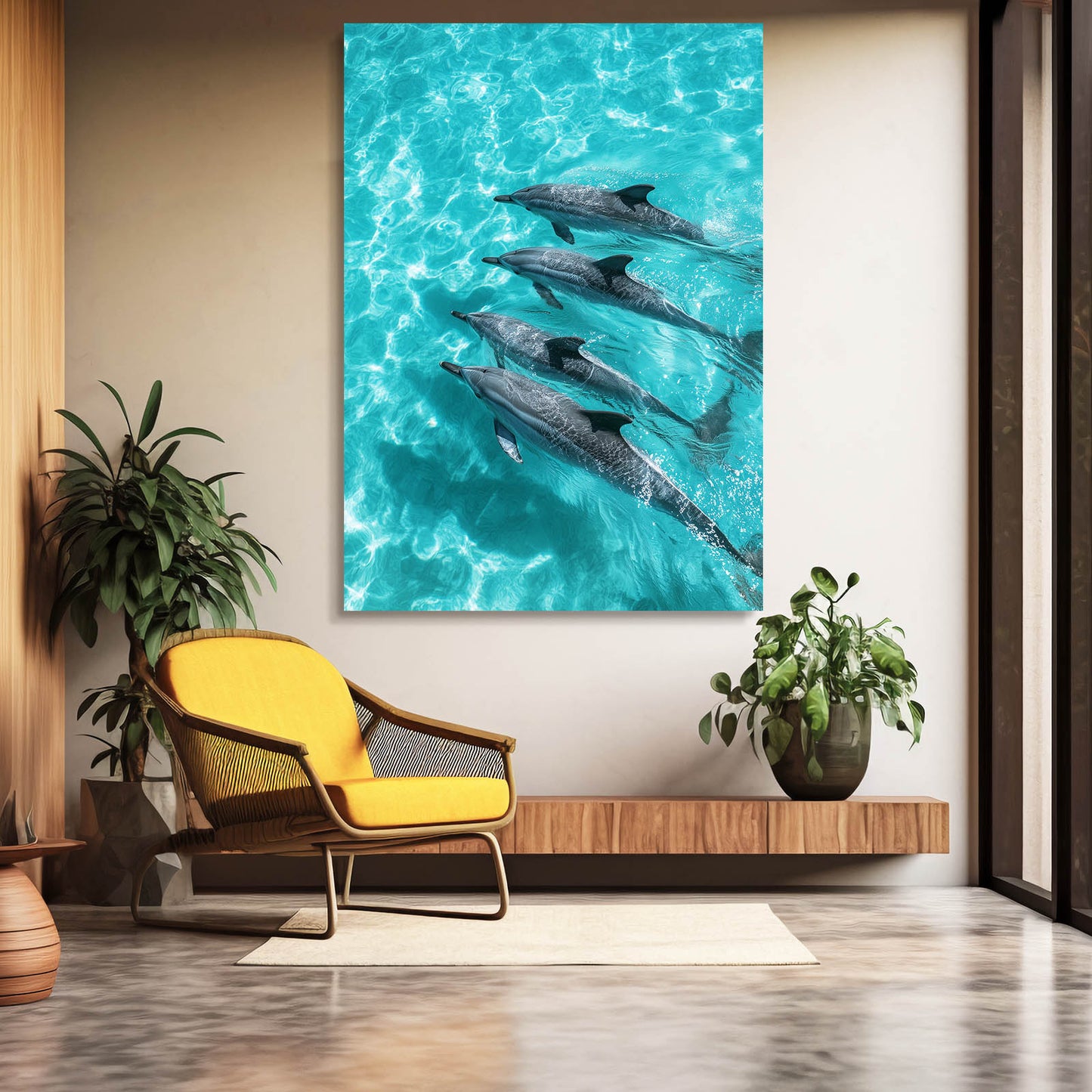 Turquoise Pod Dolphin Print – styled in a furnished interior