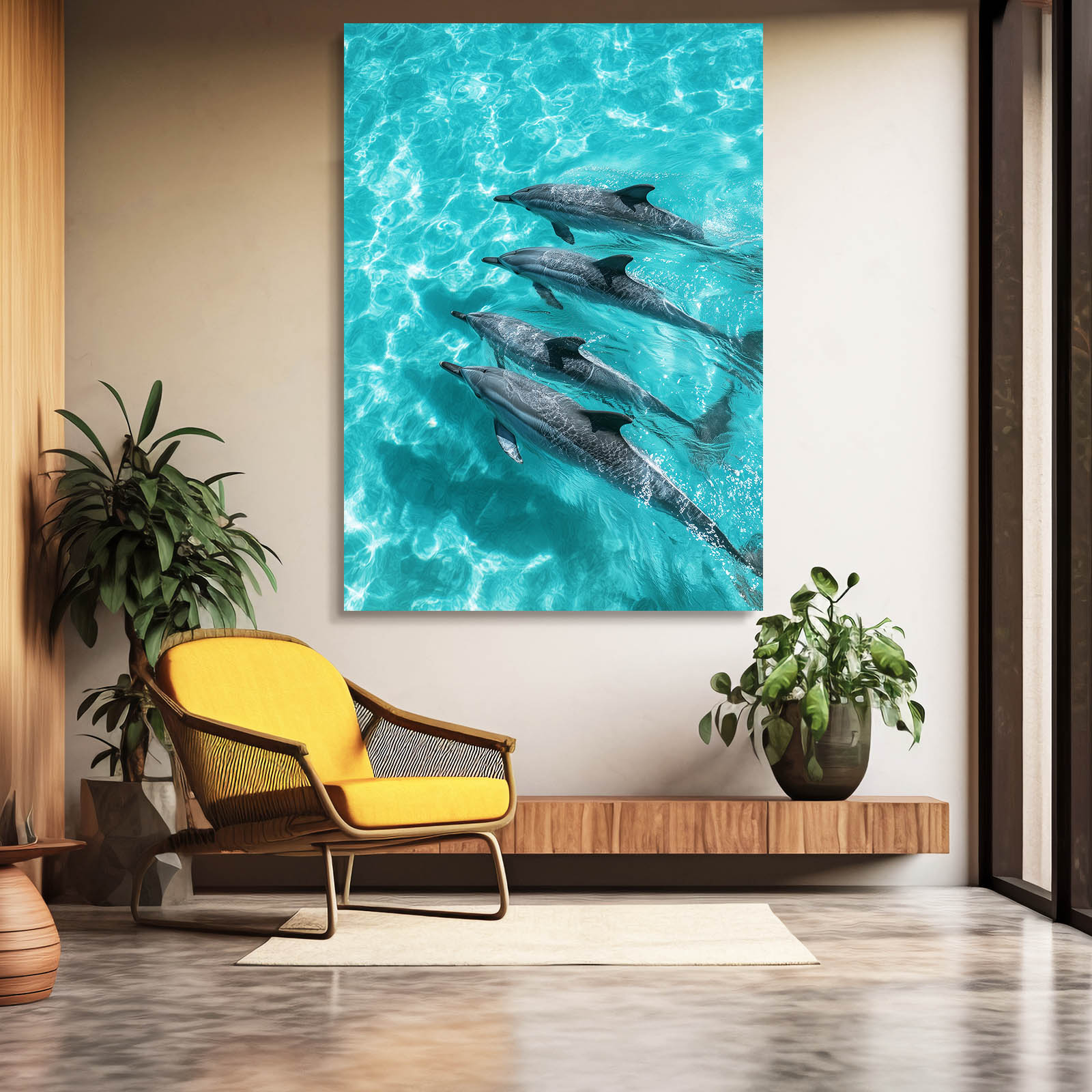 Turquoise Pod Dolphin Print – styled in a furnished interior
