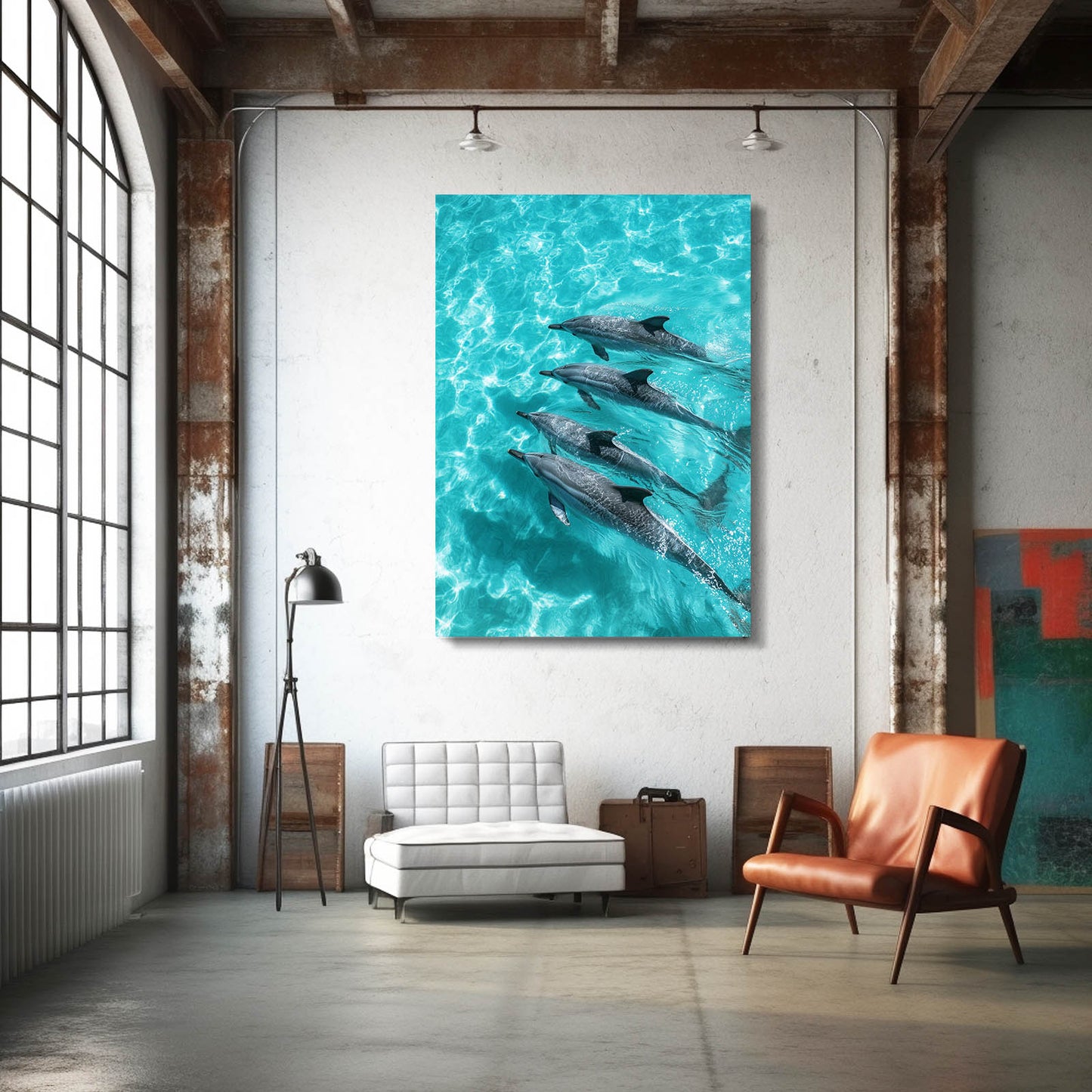 Turquoise Pod Dolphin Print – styled in a furnished interior