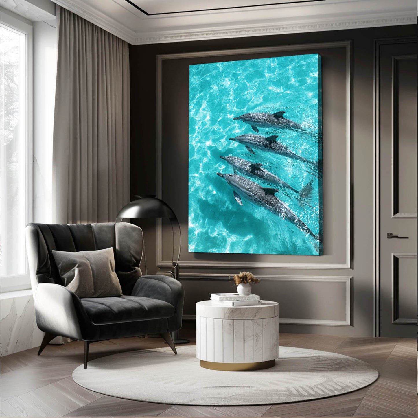 Turquoise Pod Dolphin Print – styled in a furnished interior
