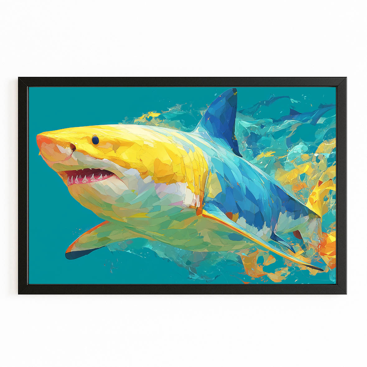 Turquoise Pop Art Shark Canvas Art – with Premium Black frame on white background