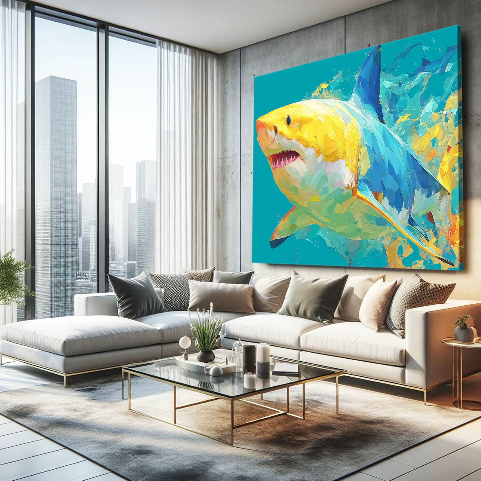 Turquoise Pop Art Shark Canvas Art – styled in a furnished interior