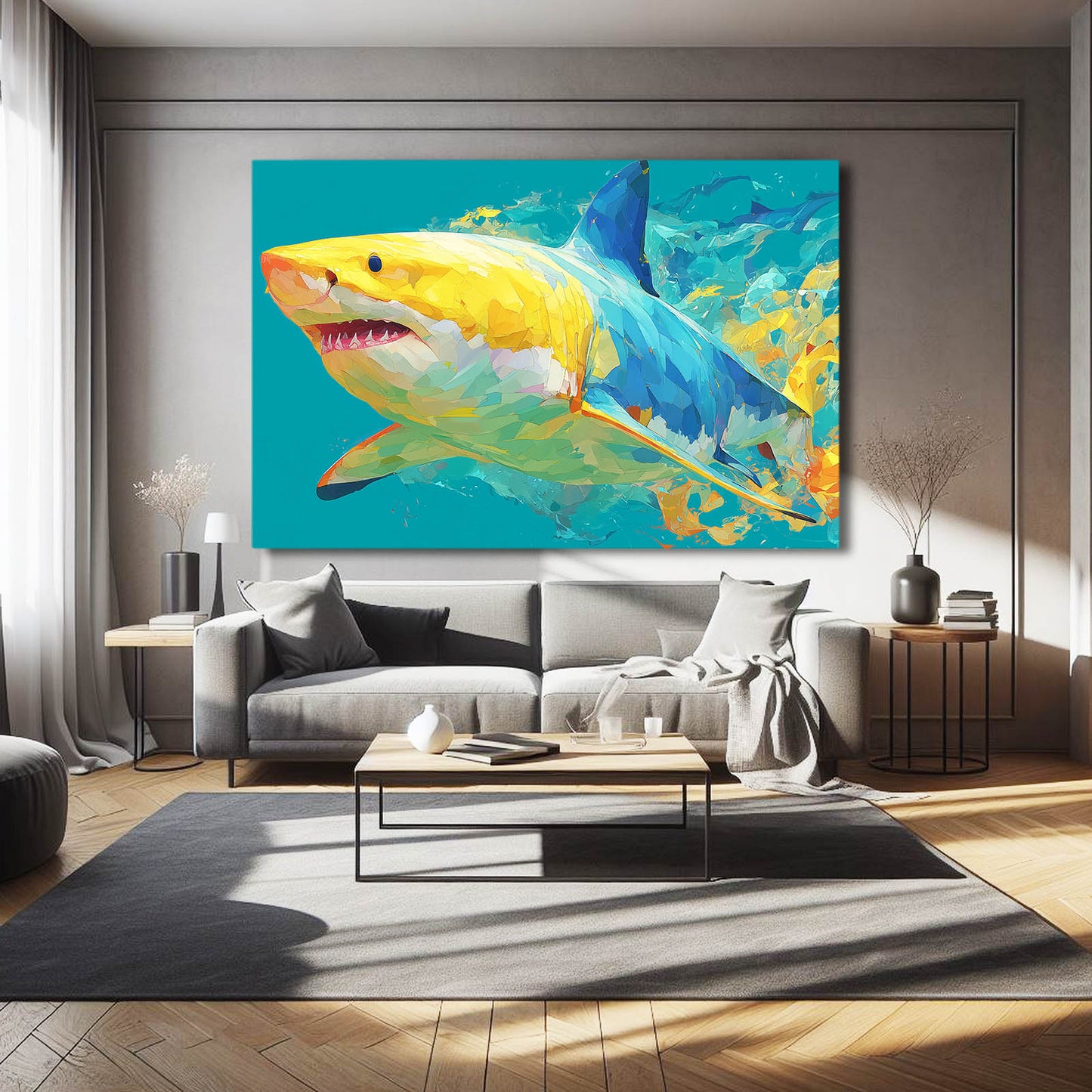 Turquoise Pop Art Shark Canvas Art – styled in a furnished interior
