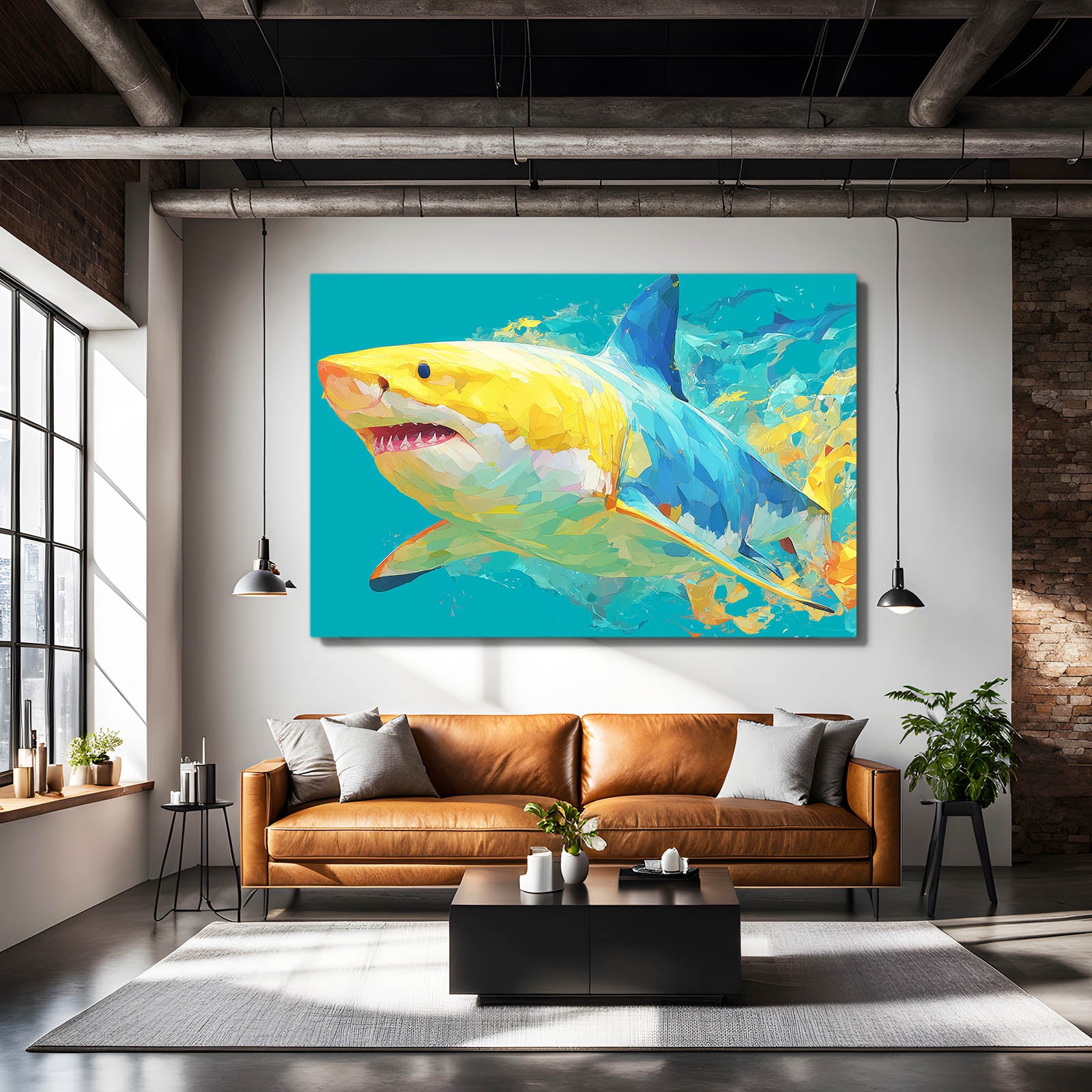 Turquoise Pop Art Shark Canvas Art – styled in a furnished interior
