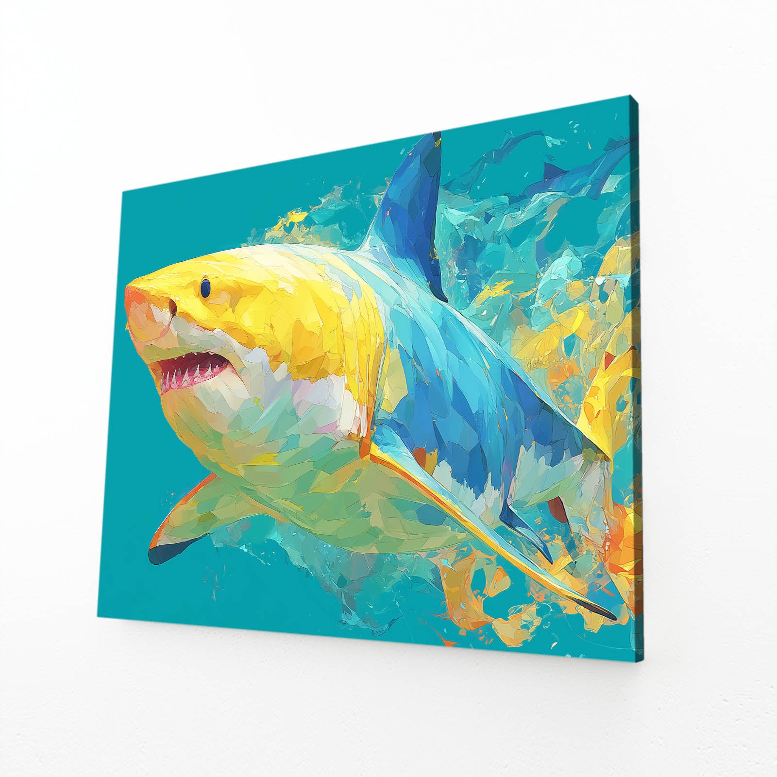 Turquoise Pop Art Shark Canvas Art – angled canvas view on white background
