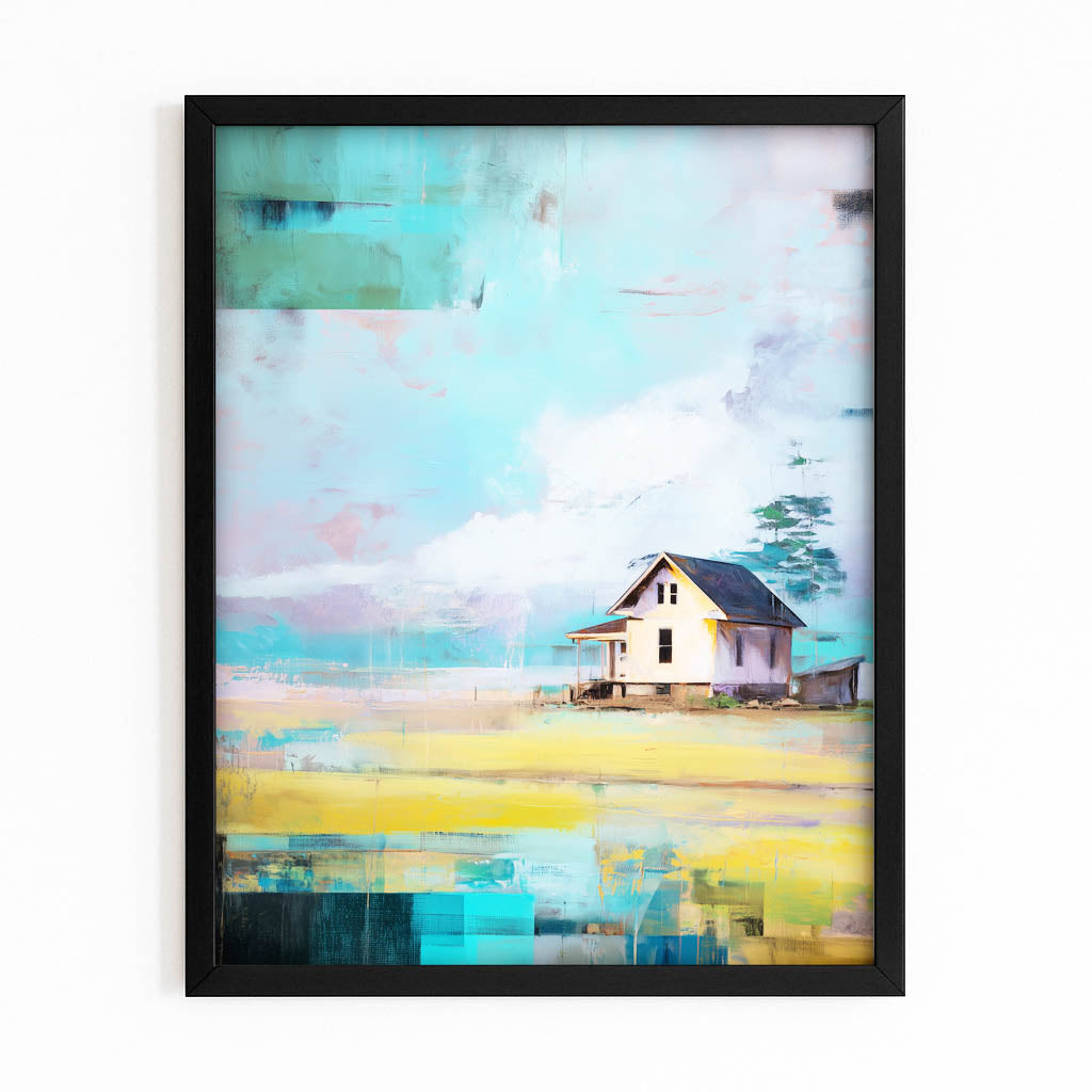 Turquoise Sky Cottage Farmhouse Canvas Art – with Premium Black frame on white background