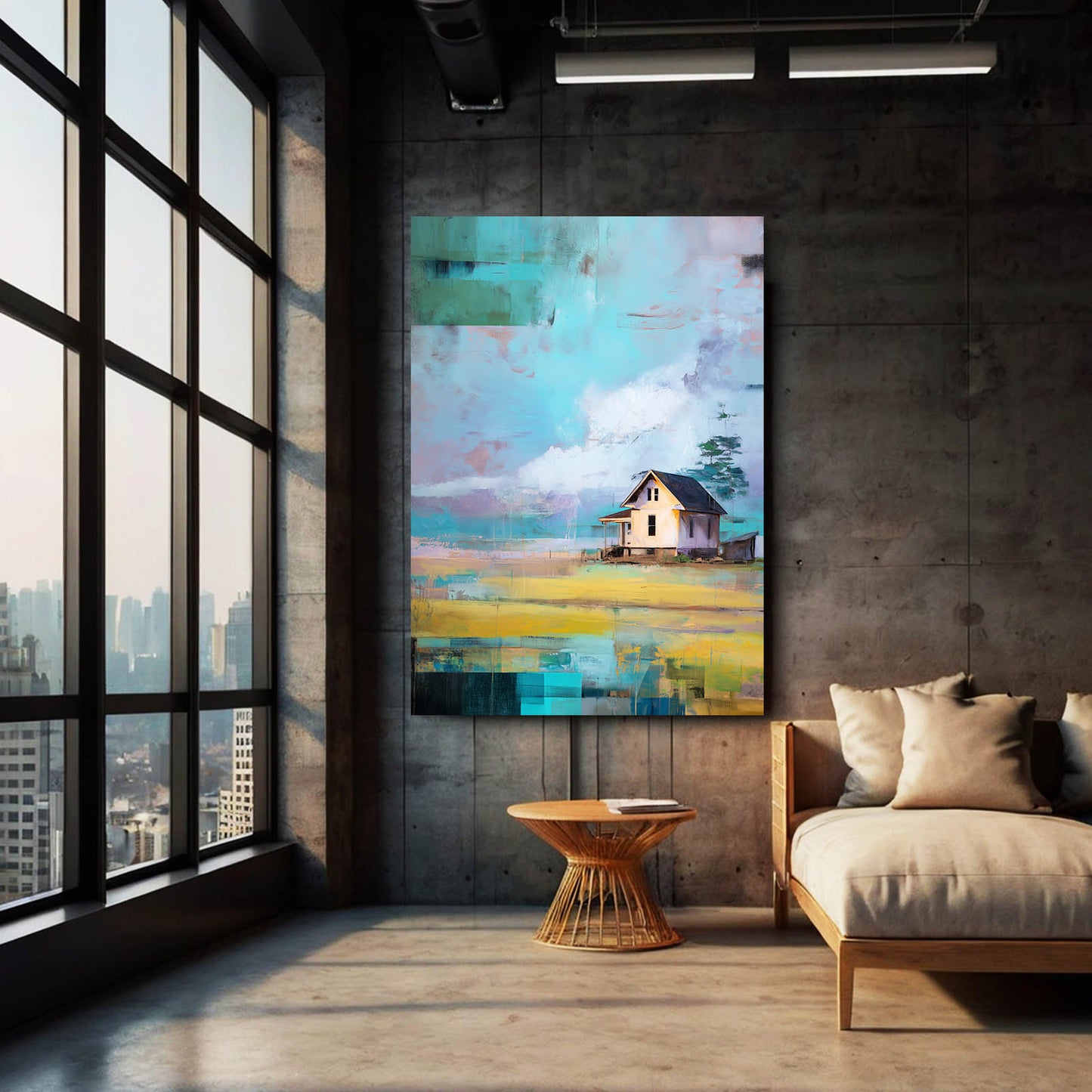 Turquoise Sky Cottage Farmhouse Canvas Art – styled in a furnished interior