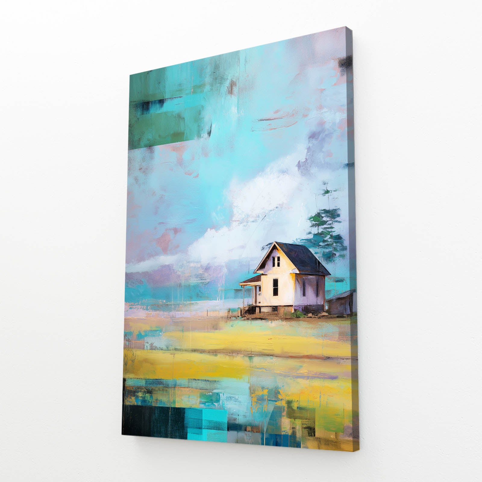 Turquoise Sky Cottage Farmhouse Canvas Art – angled canvas view on white background