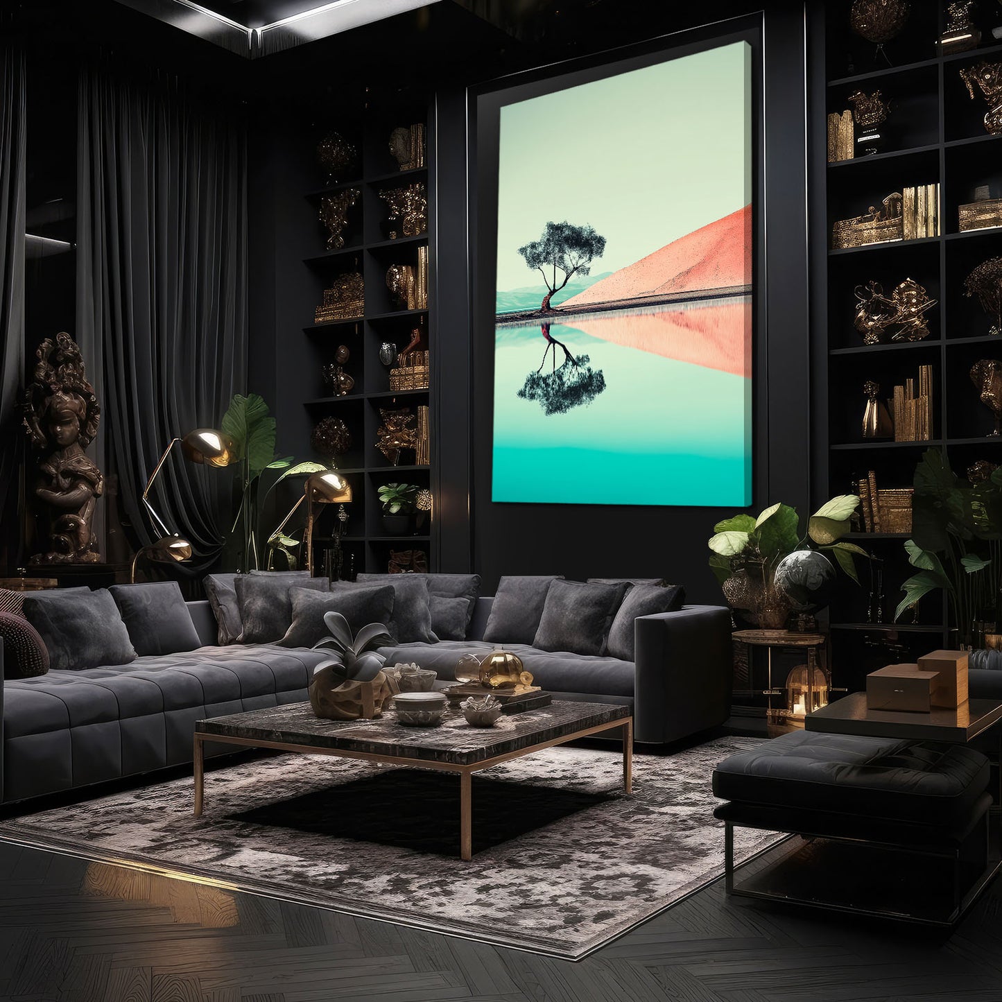 Turquoise Sunset Reflection Photography Canvas – styled in a furnished interior