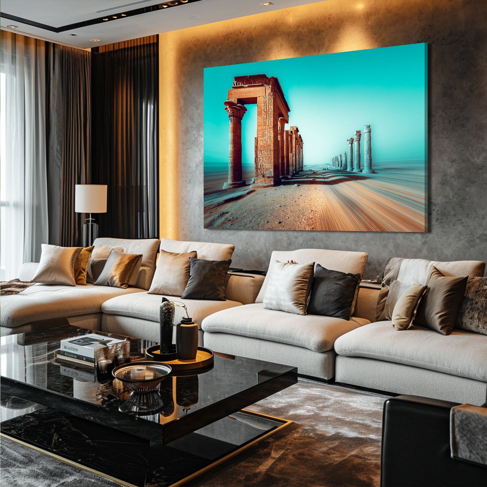 Turquoise Temple Colonnade Egyptian Prints – styled in a furnished interior