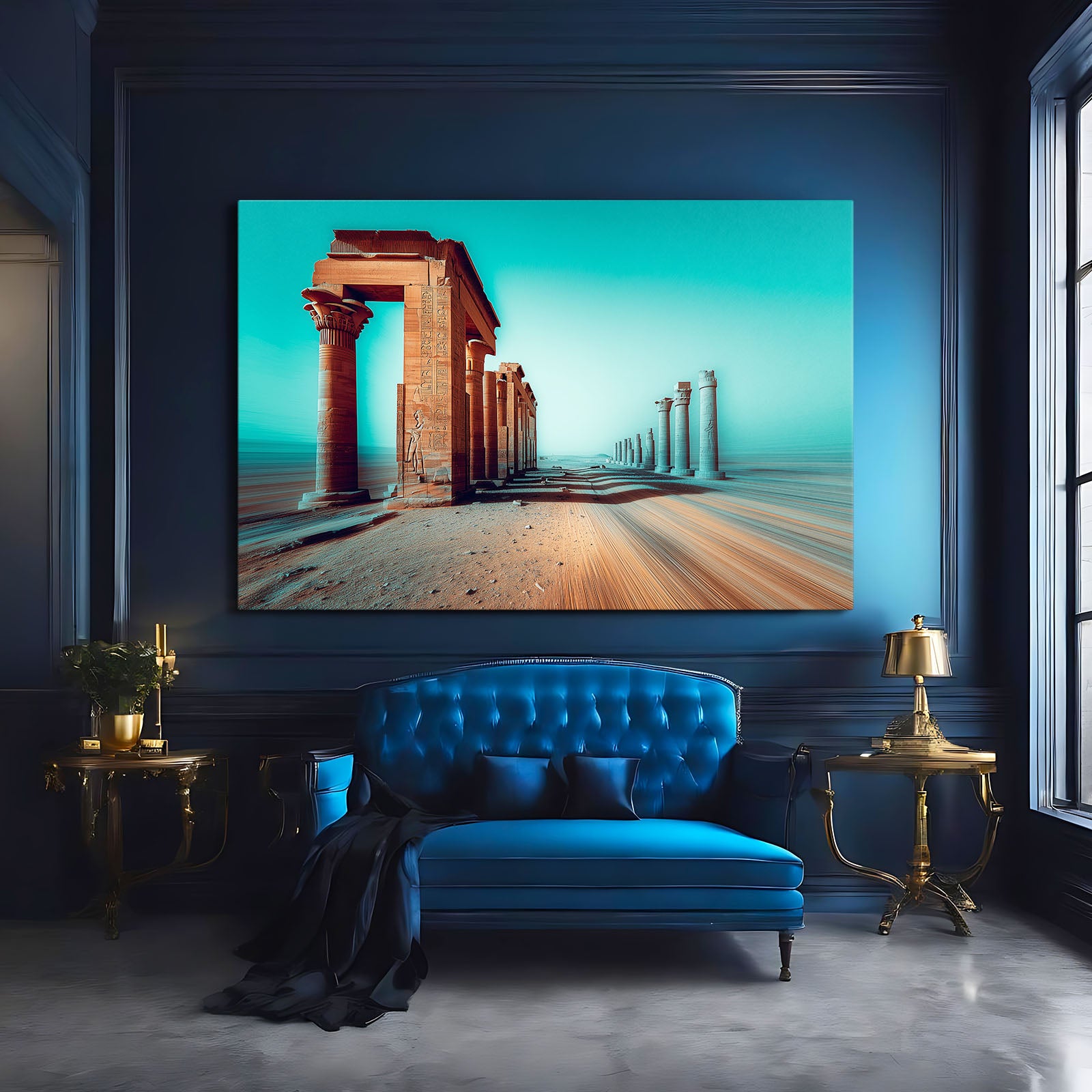 Turquoise Temple Colonnade Egyptian Prints – styled in a furnished interior
