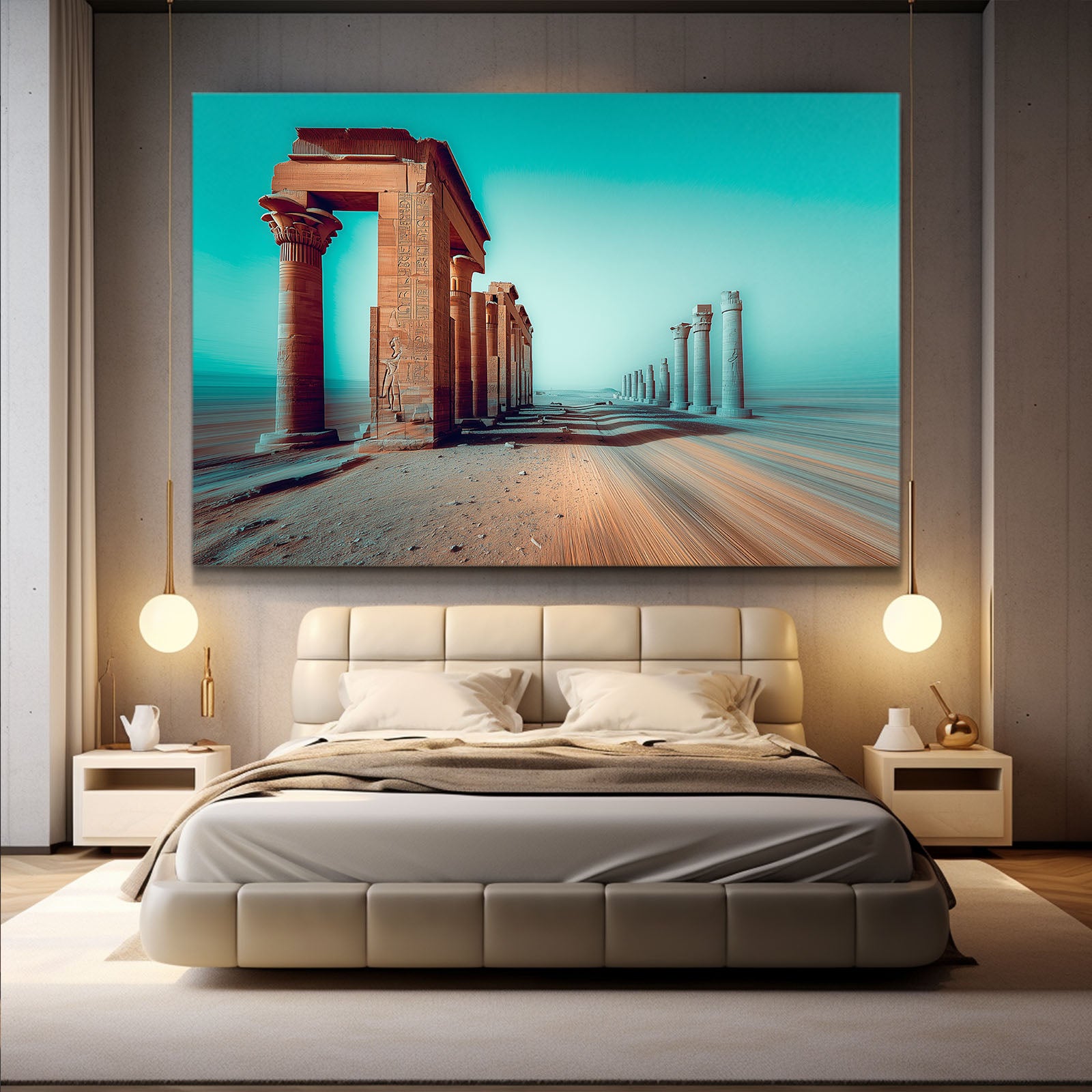 Turquoise Temple Colonnade Egyptian Prints – styled in a furnished interior