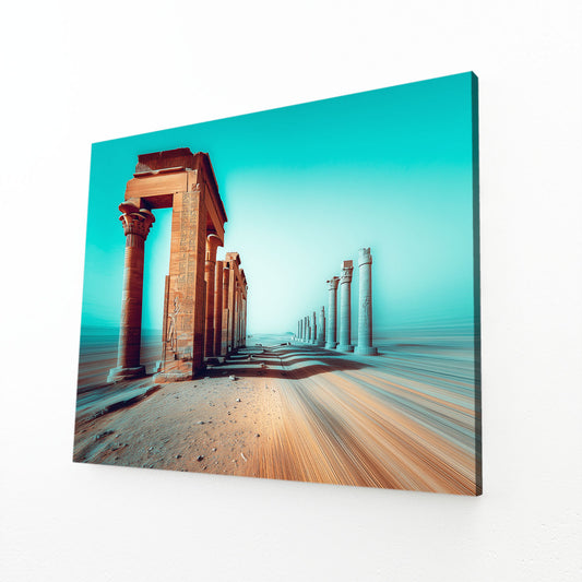 Turquoise Temple Colonnade Egyptian Prints – angled canvas view on white background