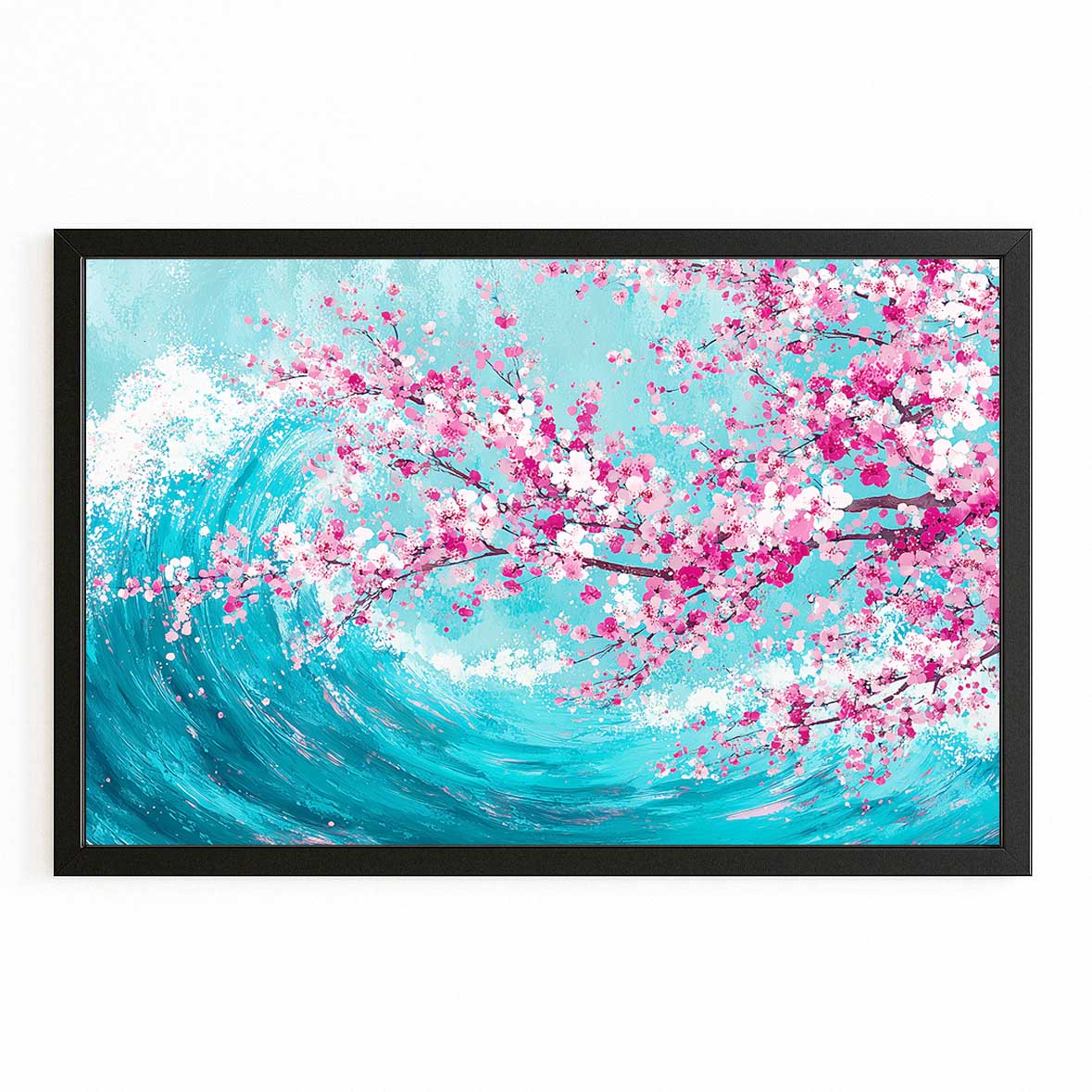 Turquoise Wave Cherry Blossom Wall Decor – with Premium Black frame on white background