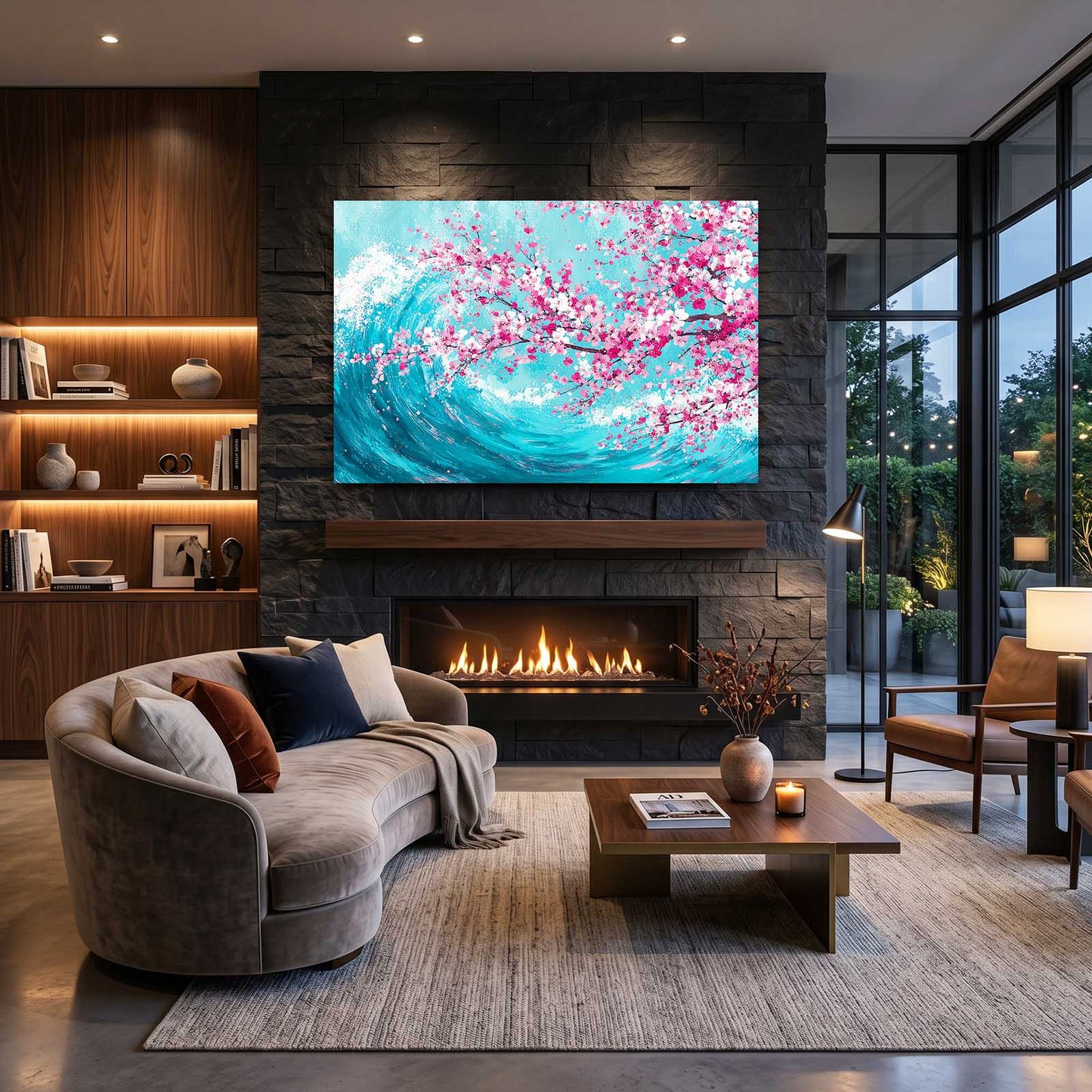 Turquoise Wave Cherry Blossom Wall Decor – styled in a furnished interior