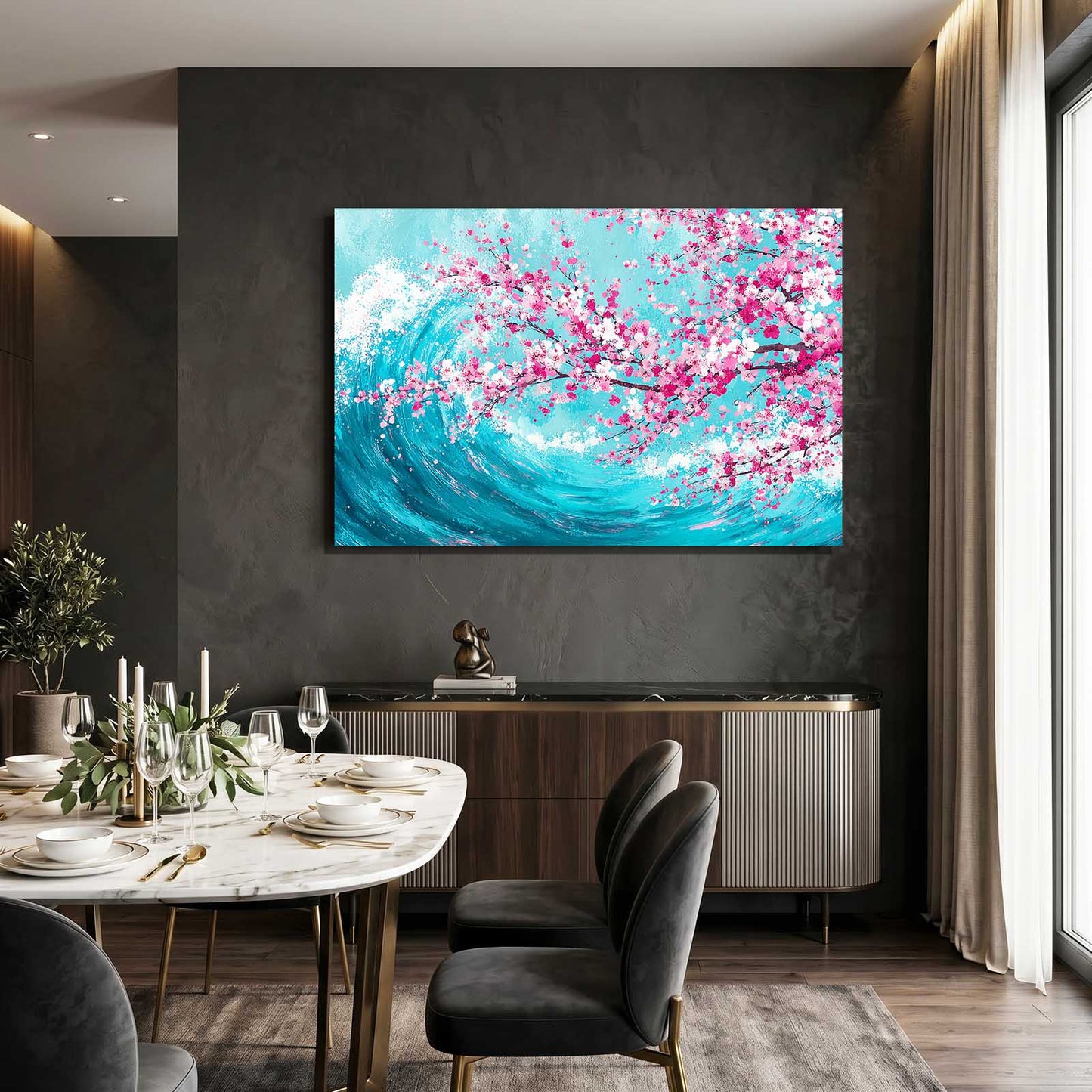Turquoise Wave Cherry Blossom Wall Decor – styled in a furnished interior