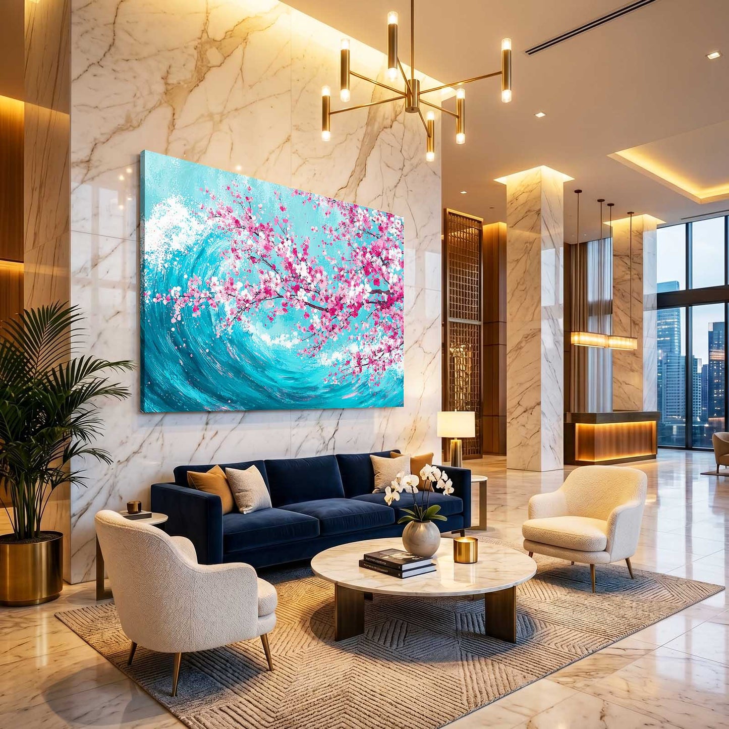 Turquoise Wave Cherry Blossom Wall Decor – styled in a furnished interior