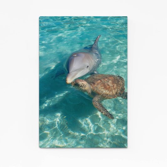 Turtle Friend Dolphin Art – dolphin and sea turtle swimming together in sunlit turquoise shallows