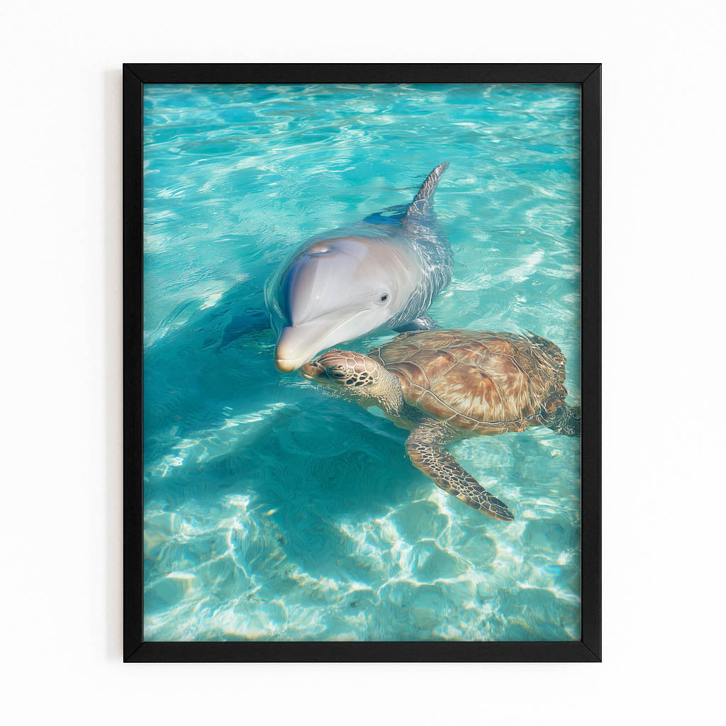 Turtle Friend Dolphin Art – with Premium Black wood frame on white background
