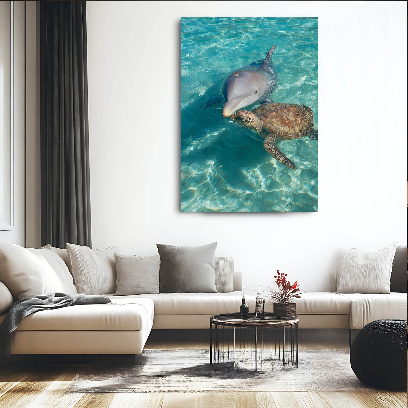 Turtle Friend Dolphin Art – styled in a furnished interior