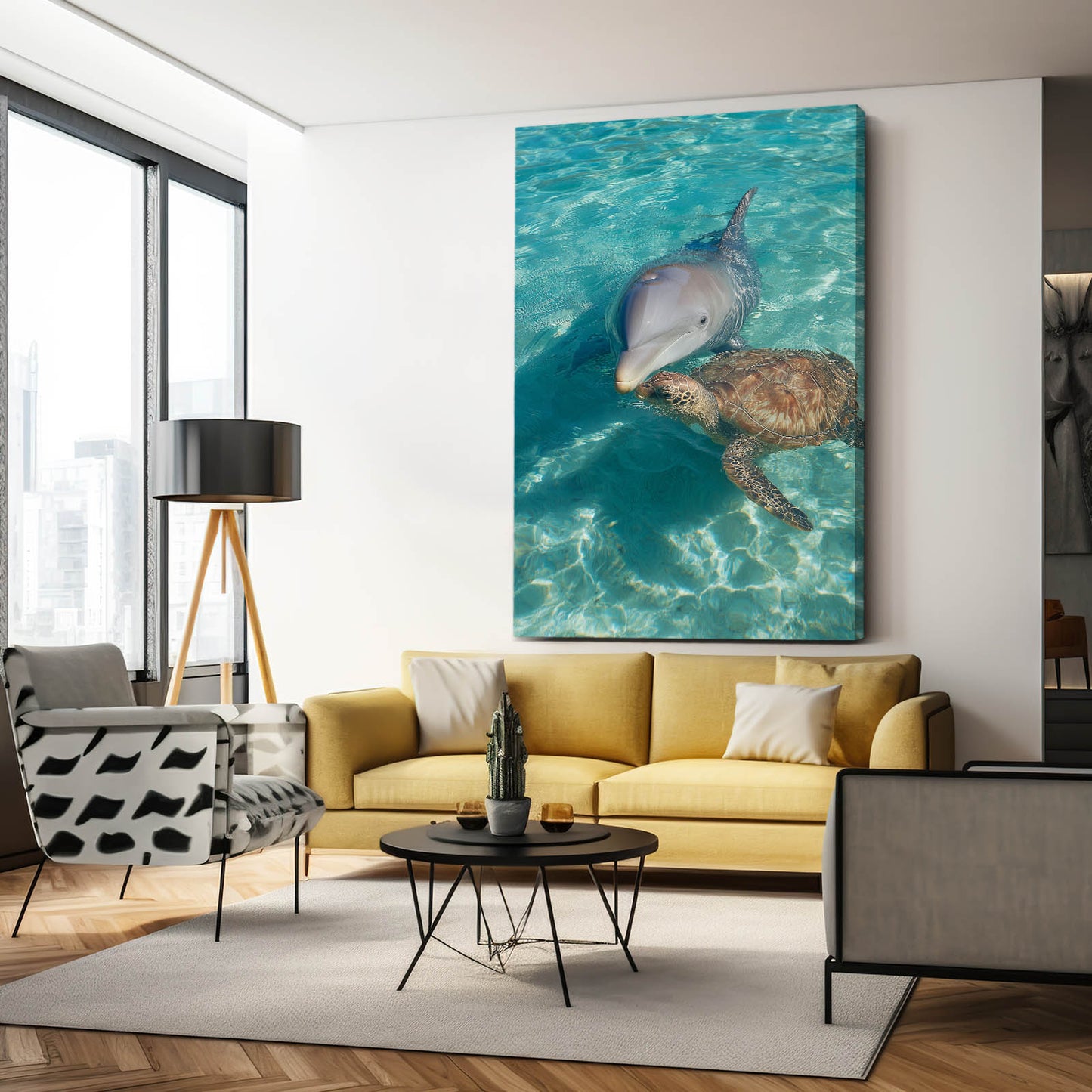 Turtle Friend Dolphin Art – styled in a furnished interior