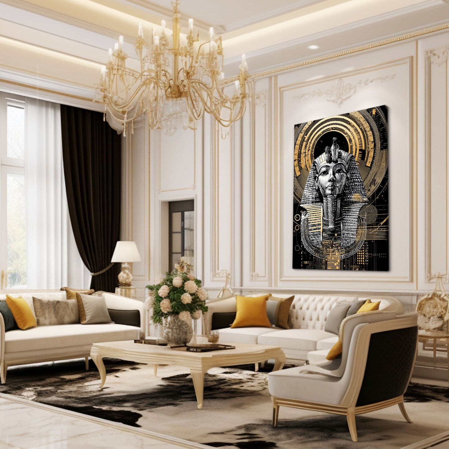 Tutankhamun Mask Study Egyptian Canvas Art – styled in a furnished interior