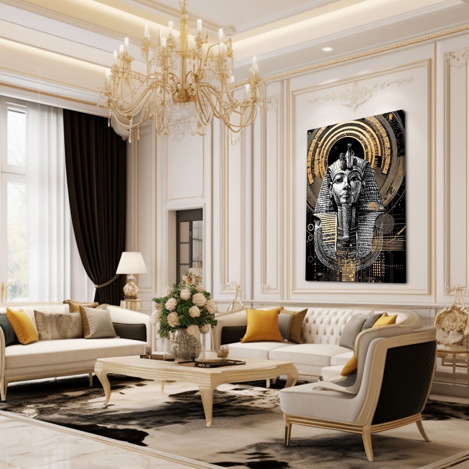 Tutankhamun Mask Study Egyptian Canvas Art – styled in a furnished interior