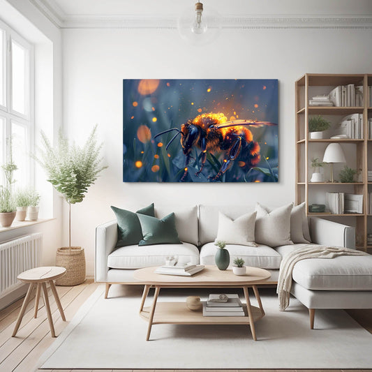 Twilight Glow Bee Art — contemporary canvas print in blue tones, view 3