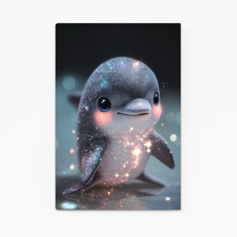 Twinkle Tot Dolphin Art – wide-eyed baby dolphin dusted with starry sparkles on a soft dark background