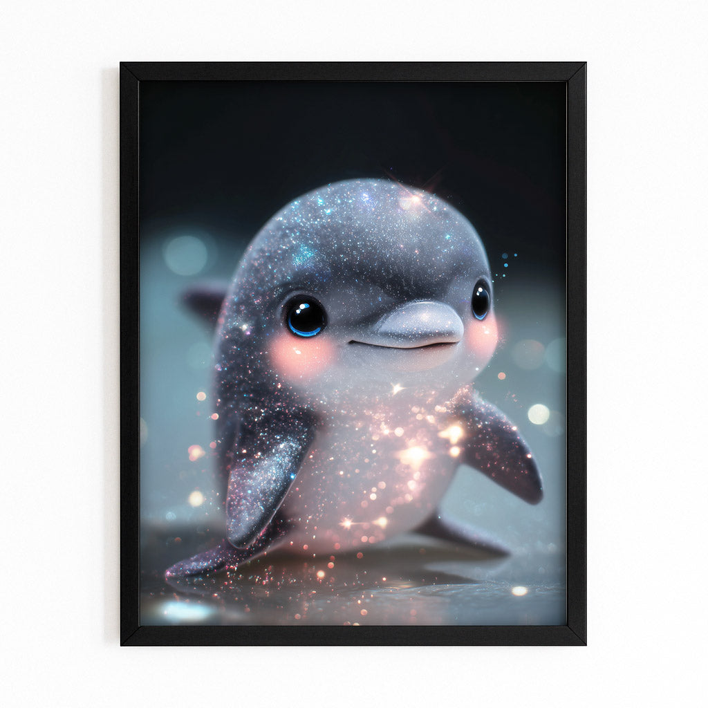 Twinkle Tot Dolphin Art – with Premium Black wood frame on white background
