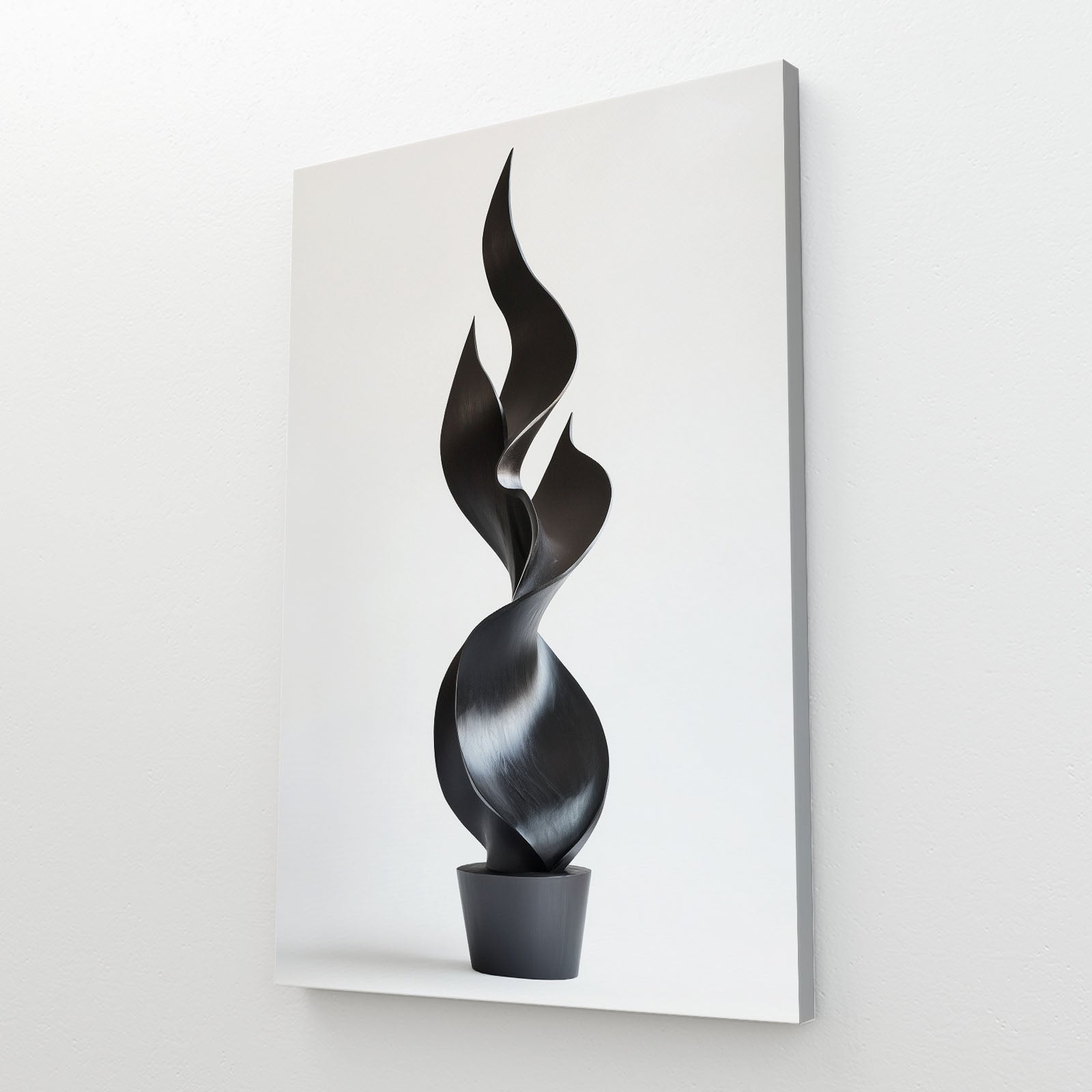 Twisted Black Flame Abstract Canvas Art – styled in a furnished interior
