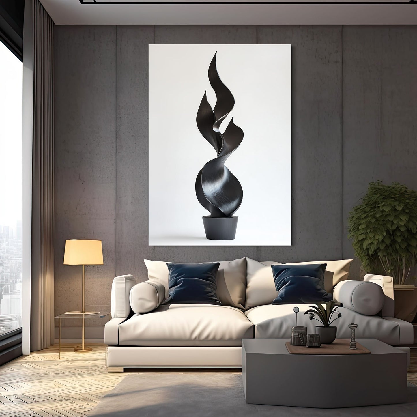 Twisted Black Flame Abstract Canvas Art – styled in a furnished interior
