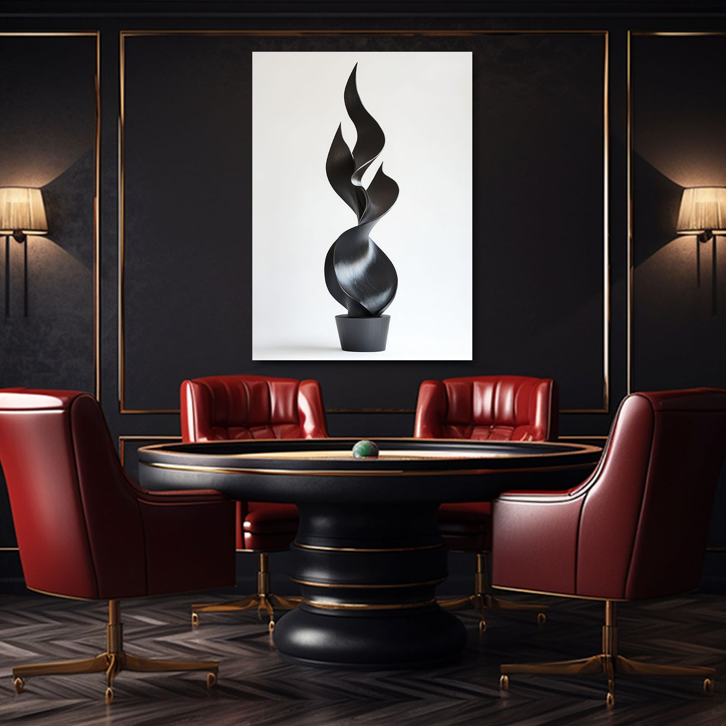 Twisted Black Flame Abstract Canvas Art – styled in a furnished interior