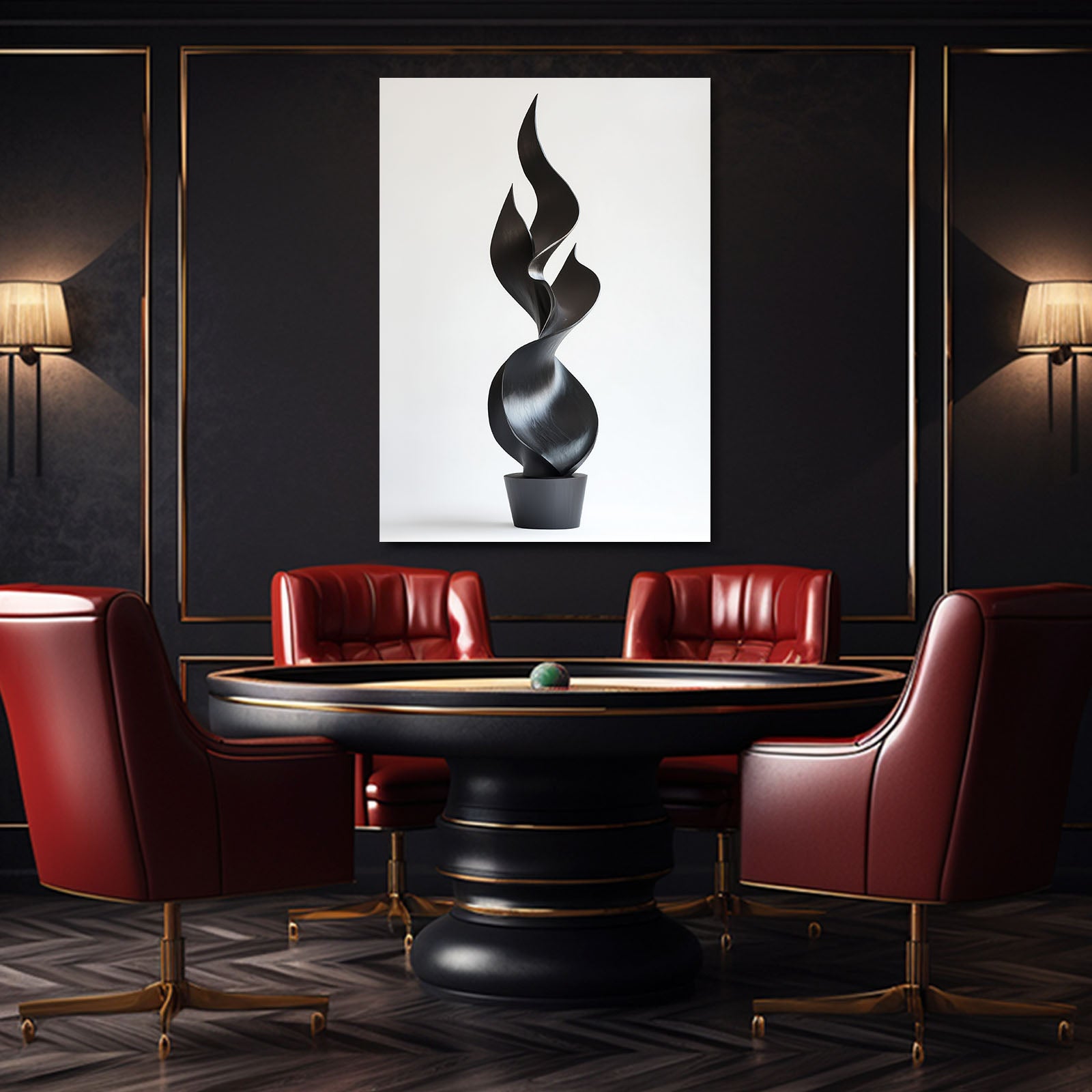 Twisted Black Flame Abstract Canvas Art – styled in a furnished interior