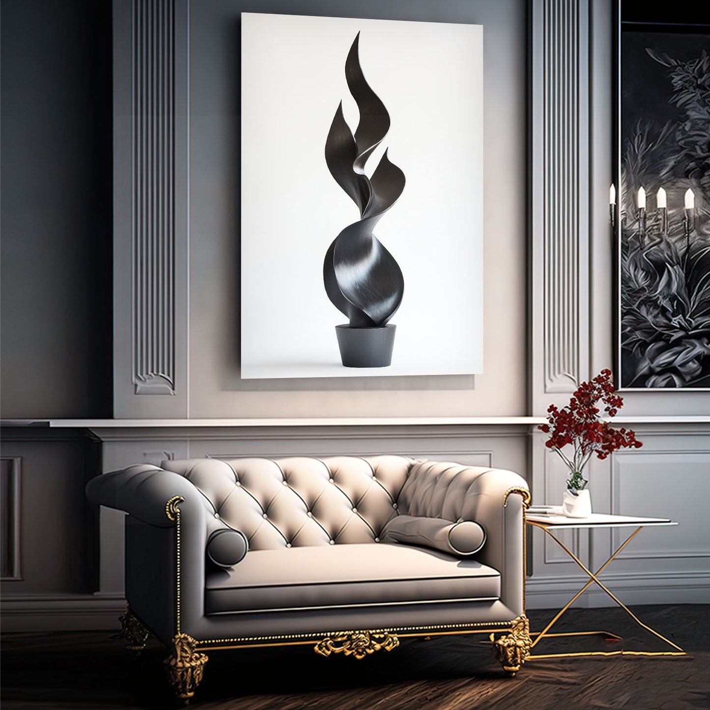 Twisted Black Flame Abstract Canvas Art – styled in a furnished interior