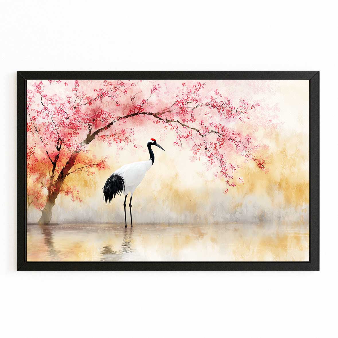 Two Cranes Cherry Blossom Canvas – with Premium Black frame on white background