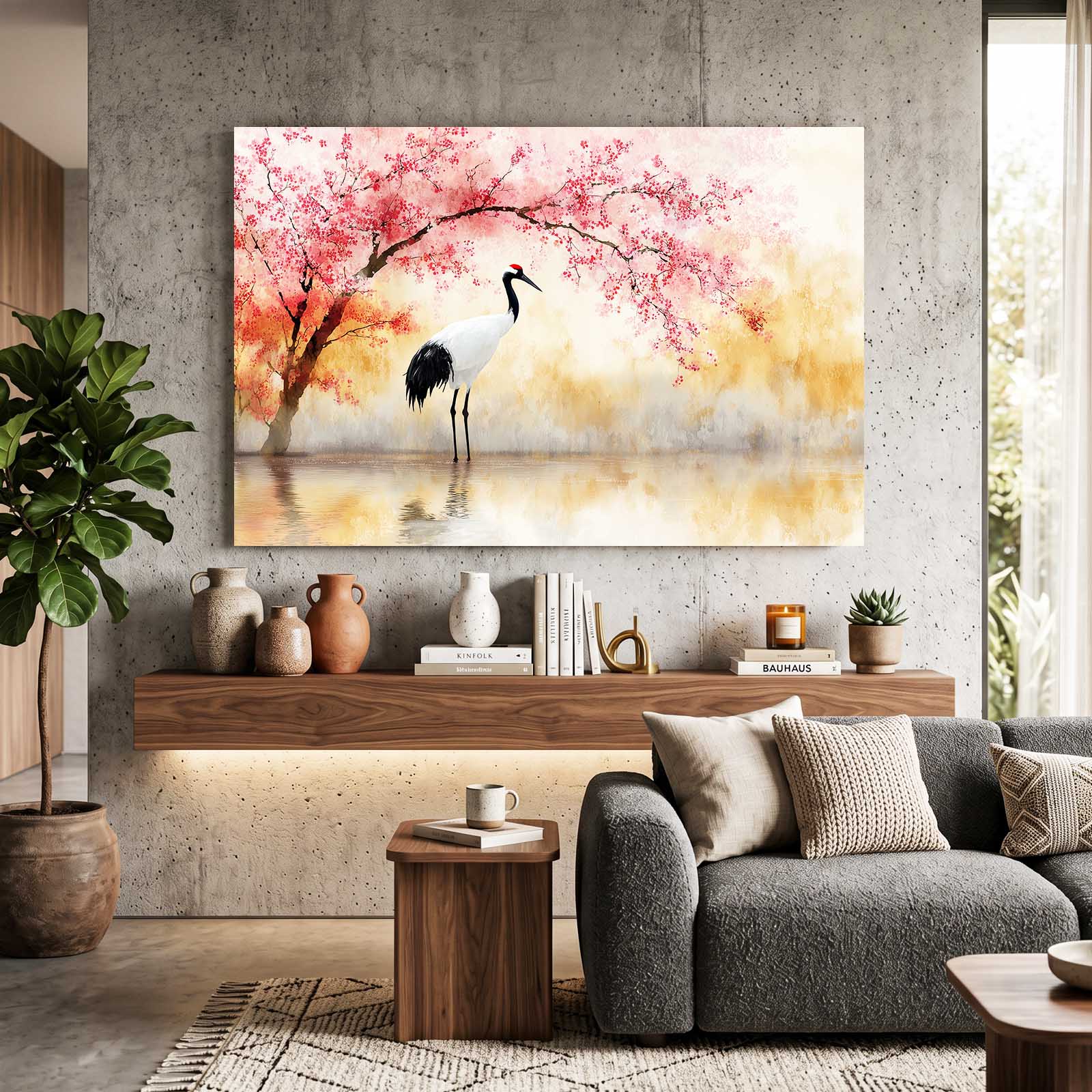 Two Cranes Cherry Blossom Canvas – styled in a furnished interior