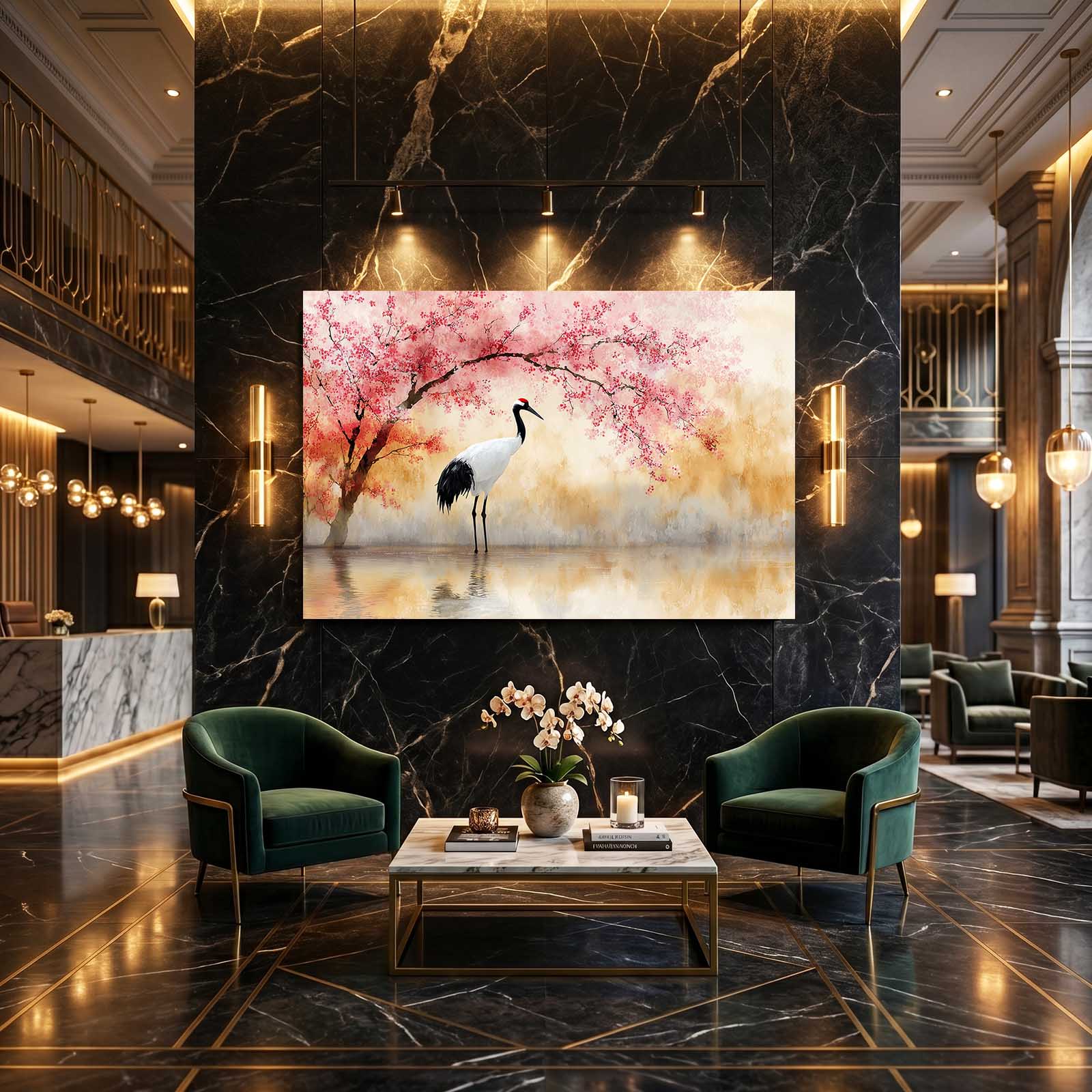 Two Cranes Cherry Blossom Canvas – styled in a furnished interior