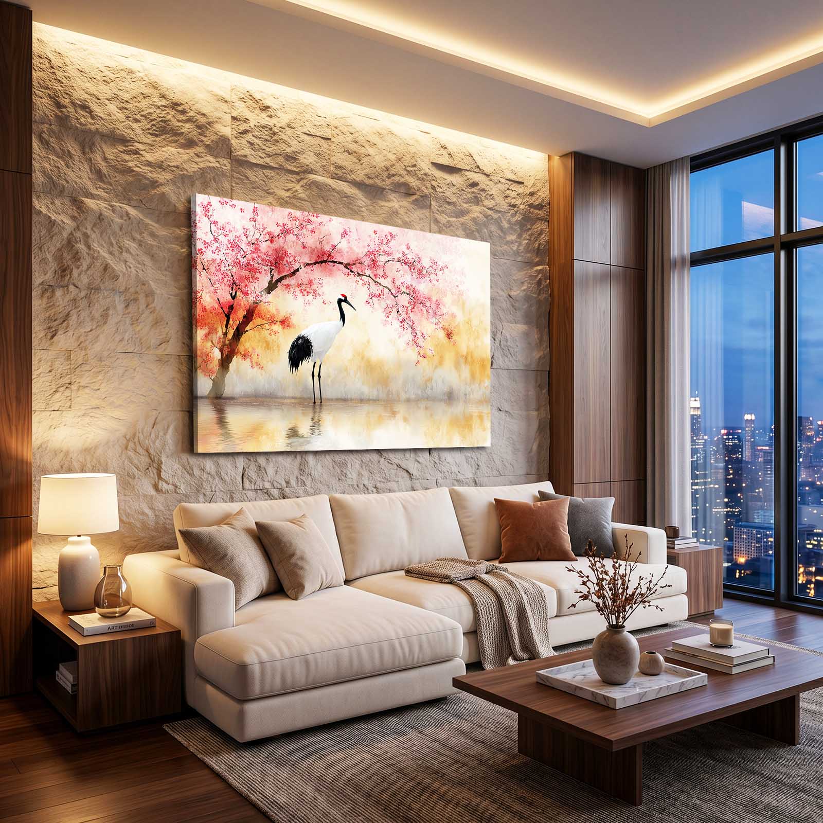 Two Cranes Cherry Blossom Canvas – styled in a furnished interior