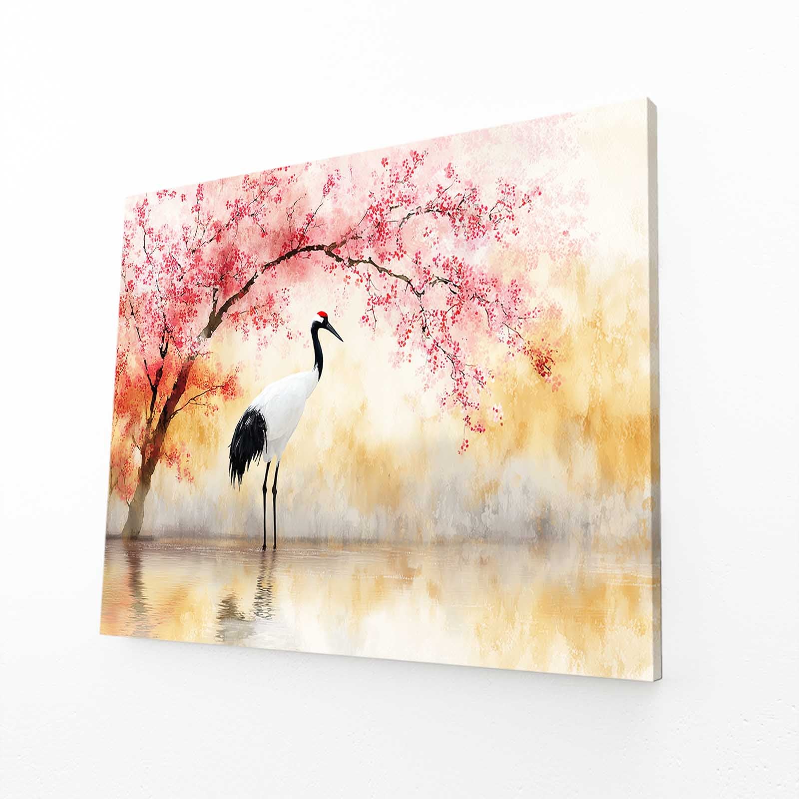 Two Cranes Cherry Blossom Canvas – angled canvas view on white background