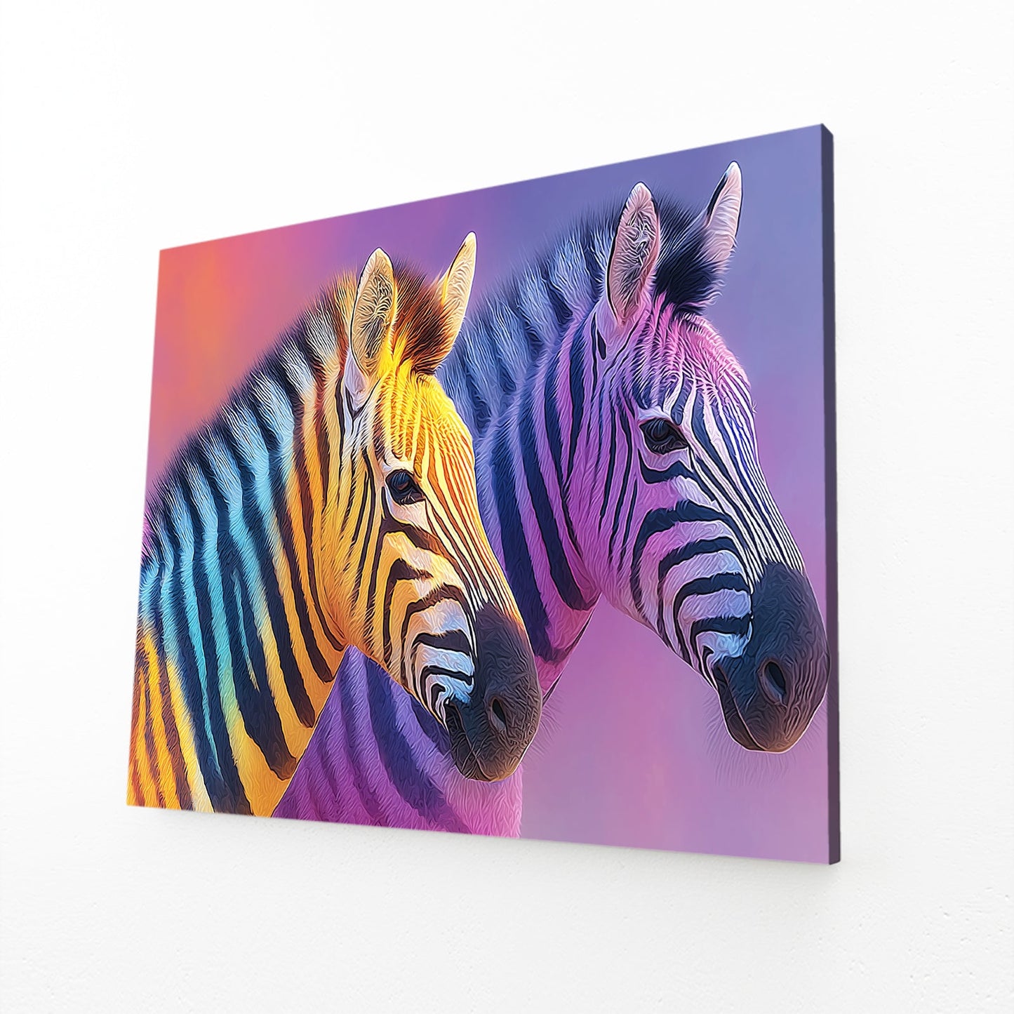 Two Zebra Wall Art – angled canvas view on white background