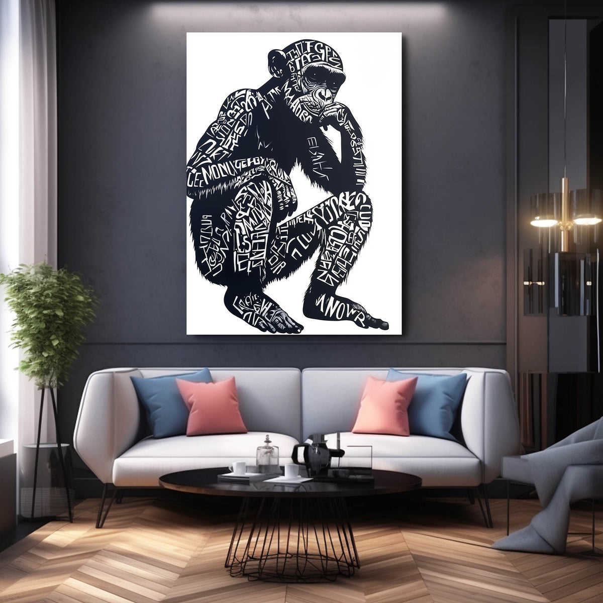 Typography Thinker Monkey Wall Decor — contemporary canvas print, styled in a furnished interior