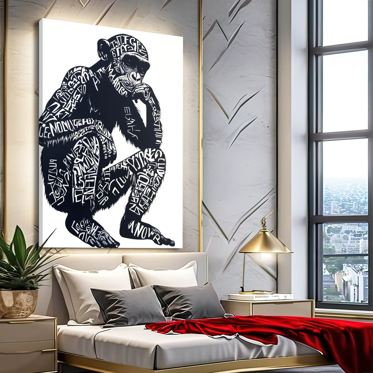 Typography Thinker Monkey Wall Decor — contemporary canvas print, styled in a furnished interior
