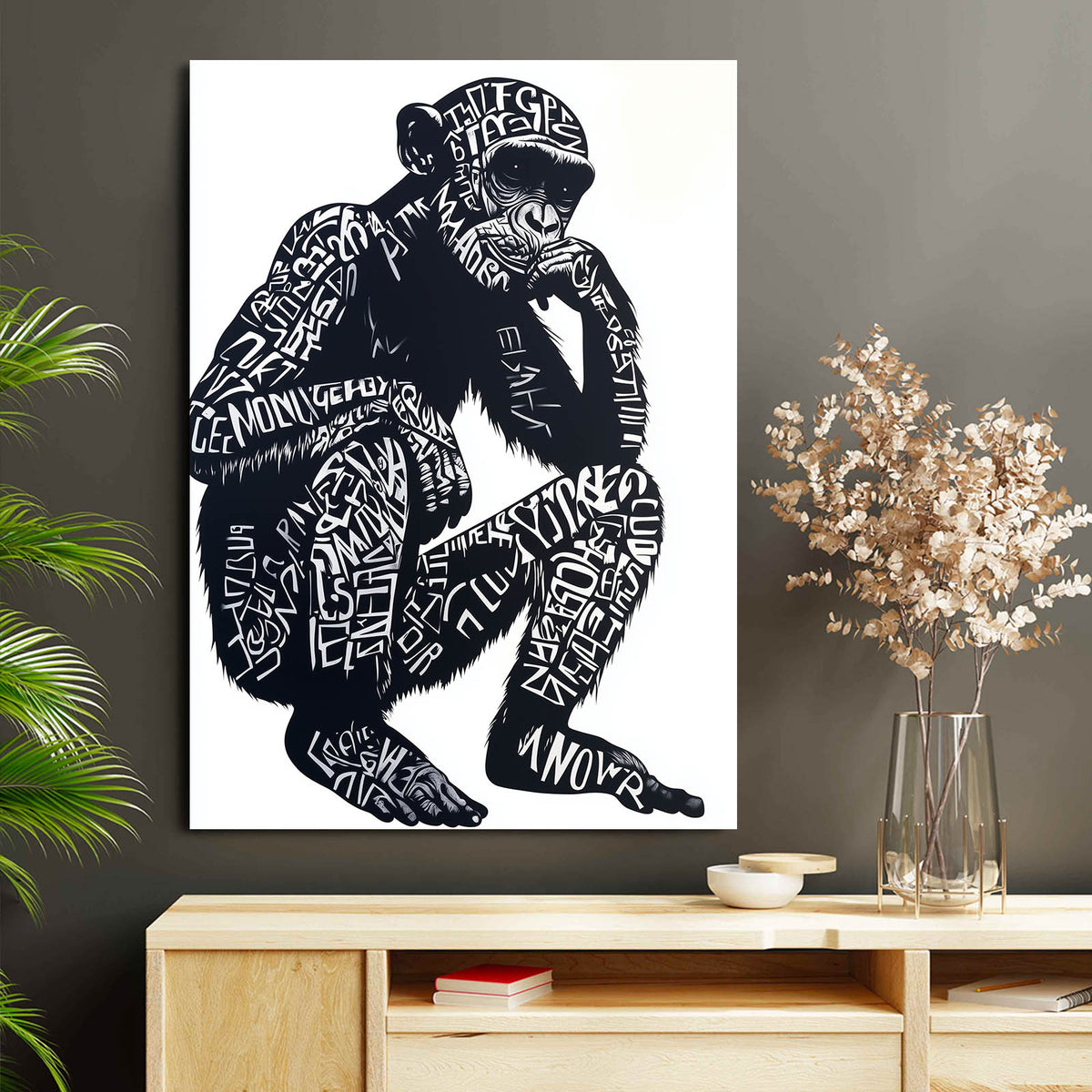 Typography Thinker Monkey Wall Decor — contemporary canvas print, styled in a furnished interior