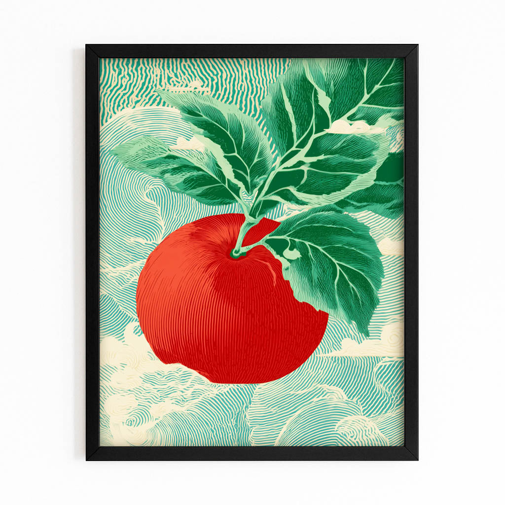 Ukiyo Wave Leaf Apple Wall Art – with Premium Black frame on white background