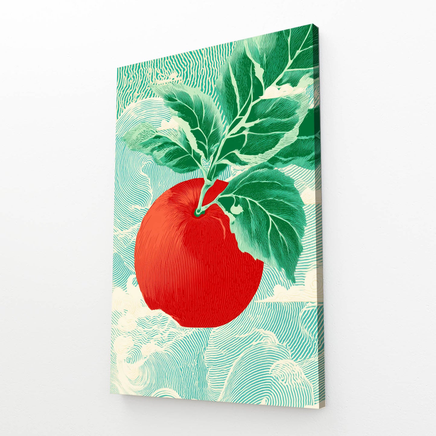 Ukiyo Wave Leaf Apple Wall Art – angled canvas view on white background