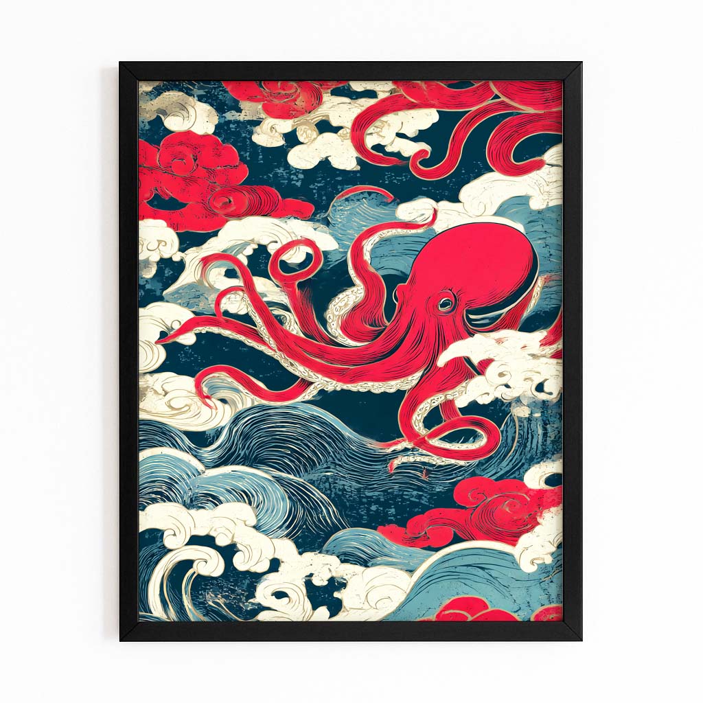 Ukiyo Wave Scroll Octopus Canvas Art – with Premium Black frame on white background