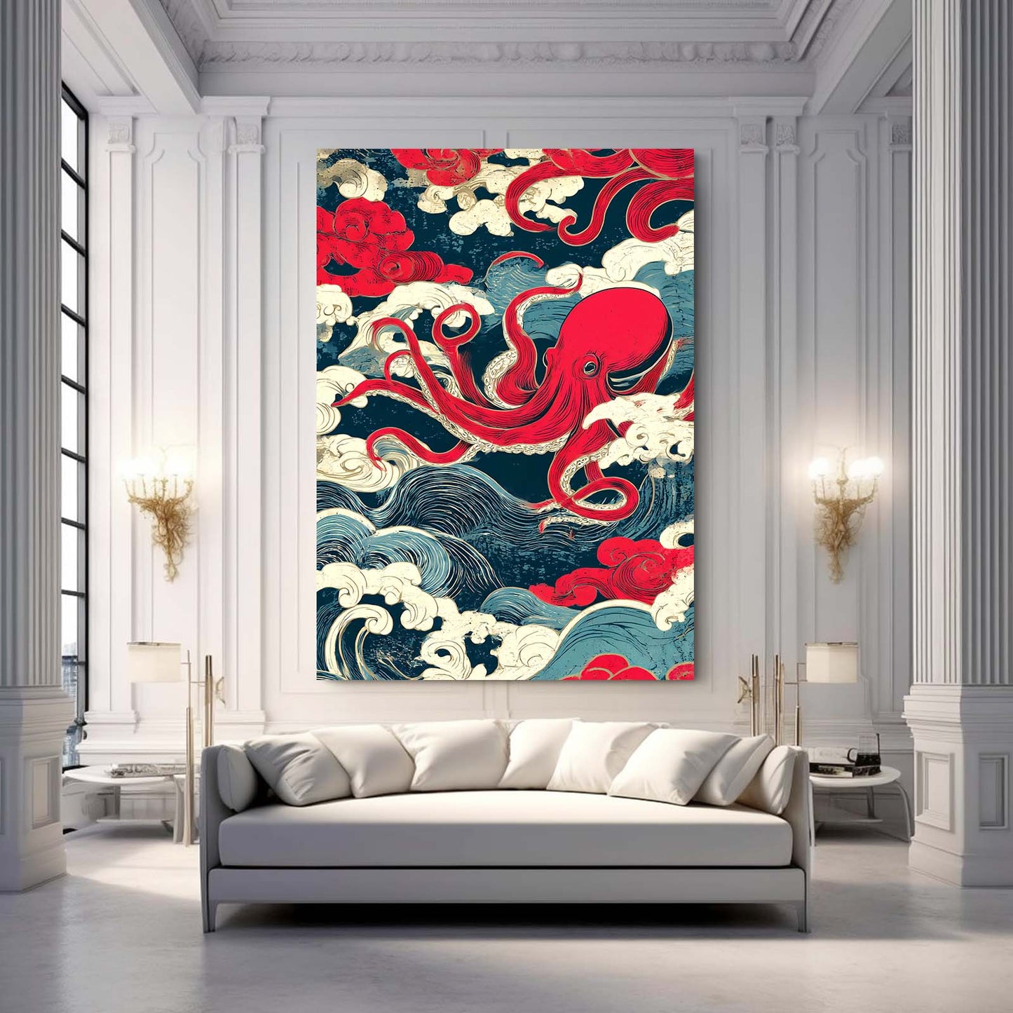 Ukiyo Wave Scroll Octopus Canvas Art – styled in a furnished interior